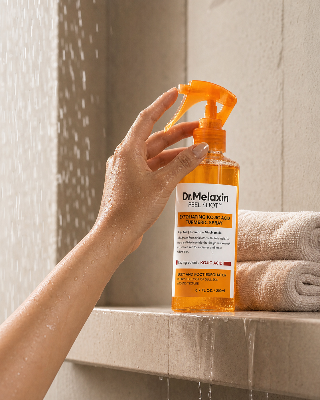 Mano femenina tomando Dr Melaxin Peel Shot Spray en la ducha