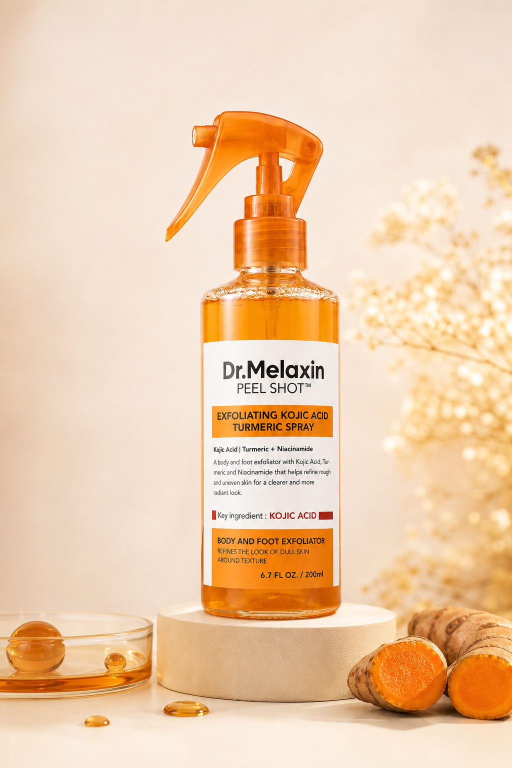 Dr Melaxin de tapa naranja junto a c&uacute;rcuma